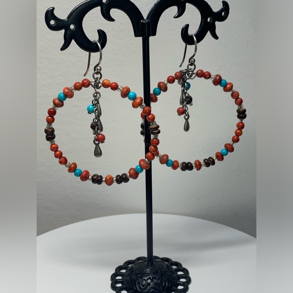 Silpada Rare Sterling Silver Coral, Turquoise, Wood, Shell Bead Hoop Earrings - Picture 2 of 16